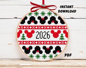 Patrón de punto de cruz navideño de Mickey 2026 - Patrón de punto de cruz, Mickey, Minnie, Lindo patrón navideño, Adorno de punto de cruz, Descarga instantánea