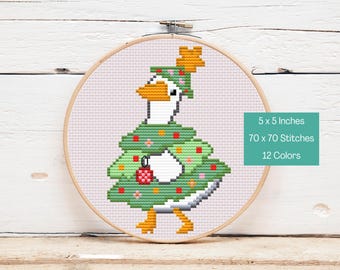 Patrón de punto de cruz de ganso navideño / 70 x 70 puntos / Patrón de ganso divertido / Descarga instantánea en PDF