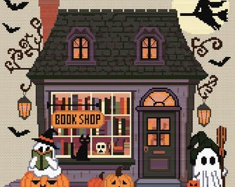 Haunted Bookstore Cross Stitch Pattern - Halloween Cross Stitch Pattern, Fall Cross Stitch Pattern, Instant Download PDF