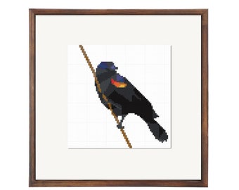 Red-Winged Blackbird Cross Stitch Pattern, Modern, Easy x-stitch Pattern, Nature Pattern, Geometric, Instant Download PDF
