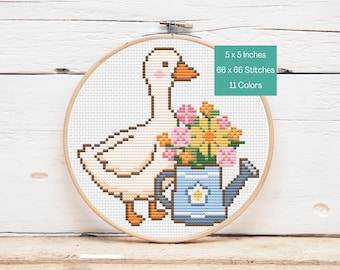 Goose with Watering Can Cross Stitch Pattern – Cottagecore Spring Goose Pattern – PDF Download