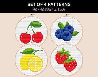 Mini Fruit Cross Stitch Pattern Bundle – Cherries, Strawberries, Lemon & Blueberries – Kitchen Decor – PDF Instant Download