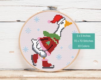 Patrón de punto de cruz de ganso navideño patinando / 70 x 70 puntos / Patrón de ganso divertido / Descarga instantánea en PDF