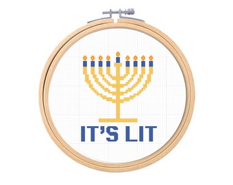 It's Lit Hanukkah Cross Stitch Pattern, Modern, Easy x-stitch Pattern, Chanukah, Holiday, Ornament, Geometric, Instant Download PDF