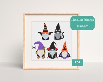 Halloween Gnome Cross Stitch Pattern | Vampire, Witch, Pumpkin, Cat & Bat Gnomes | PDF Digital Download | Stitch Individually or as a Group