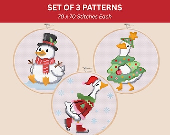 Paquete de patrones de punto de cruz de gansos de invierno / Conjunto de 3 diseños festivos de gansos / Punto de cruz de animales navideños / Descarga instantánea en PDF