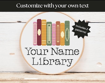 Custom Library Sign Cross Stitch Pattern – Personalized Library Sign with Name – Book Stack Wall Art – Cottagecore Reading Room Decor – PDF