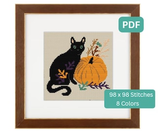 Autumn Cat - Fall, Halloween, Themed Cross Stitch Pattern, Instant Download PDF