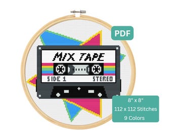 Patrón de punto de cruz con temática de los años 80 y 90 de Mix Tape, descarga instantánea en PDF