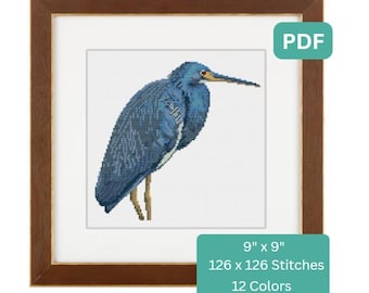 Patrón de punto de cruz Garza tricolor, moderno, gráfico de punto de cruz, patrón de naturaleza, Everglades, Florida, descarga instantánea en PDF