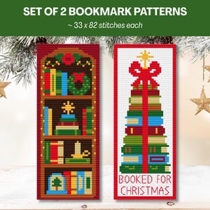 May include: A set of 2 bookmark patterns with 33 x 82 stitches each. One pattern shows a brown bookshelf with books, a wreath, and a candle. The other shows a stack of books shaped like a Christmas tree with a red bow and the text BOOKED FOR CHRISTMAS.