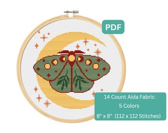 Celestial Moth - Cross Stitch Pattern, Moon Phases, Instant Download PDF