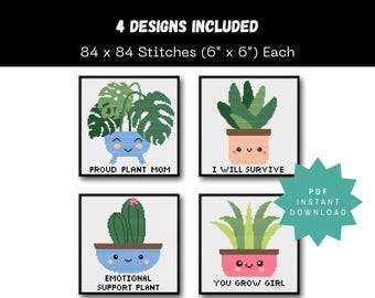 4 adorables diseños de plantas para punto de cruz con frases divertidas - Descarga digital - PDF