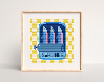 Sardine Can Cross Stitch Pattern – 70 x 70 Stitches – Retro Kitchen Decor – Coastal Cross Stitch – PDF Instant Download