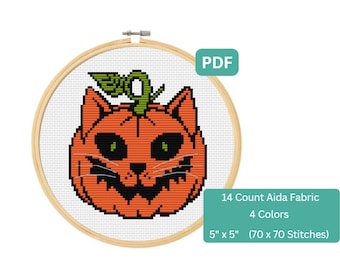 Gato calabaza: patrón de punto de cruz sencillo con temática de Halloween, descarga instantánea en formato PDF