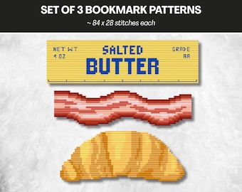 Patrones de marcapáginas de punto de cruz para desayunos / Mantequilla, tocino, croissant / Bonitos diseños de punto de cruz para la cocina / Descarga instantánea / Regalo para amantes de los libros