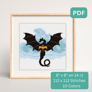 May include: Cross-stitch pattern of a black dragon with outstretched wings, a gold chest, and a curled tail, set against a light blue cloud background. The framed artwork is 8" x 8" on 14 ct, with 112 x 112 stitches and 10 colors.
