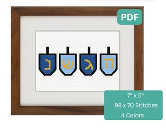 Hanukkah Dreidels - Patrón de punto de cruz simple, Dreidel, lindo patrón de Hanukkah, descarga instantánea PDF