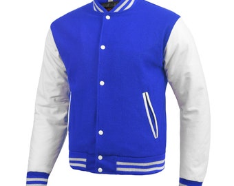 Varsity Jacket Men Genuine 100% Cowhide Leather Sleeve and  Blue Wool Blend Top Quality Letterman Jacket/Sporty Street wear/College Jacket