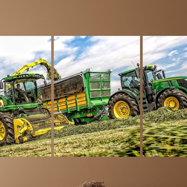 Obraz Tryptyk John Deere 6250 - na polu z przyczepą - prezent - prosty montaż - tryptyk na piance - obraz na płótnie - plakat - Canvas