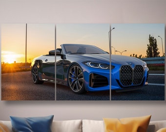 Tableau BMW Série 4 cabriolet - parfait pour un cadeau - Qualité supérieure - Montage simple - Triptyque sur mousse - Tableau sur toile - Poster - Toile