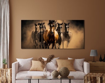 Picture HORSES - gallop - black - herd - gift - simple assembly - triptych on foam - picture on canvas - poster - Canvas