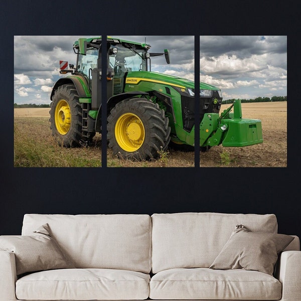 Obraz John Deere 410 8R - na polu - traktor - ciągnik - prezent - prosty montaż - tryptyk na piance - obraz na płótnie - plakat - Canvas