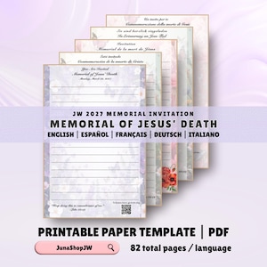 JW Memorial Invitation 2027 | Memorial of Jesus Death Letter Writing Jehovahs Witnesses | English Spanish French Deutsch Italian | size A4