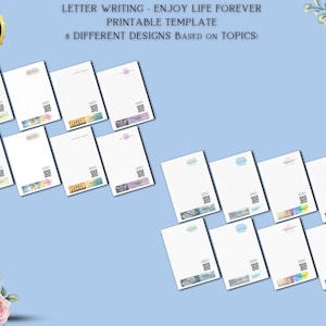 Peut inclure: Modèles de lettres imprimables avec huit designs différents. Chaque modèle présente un design de fond différent avec un espace blanc pour écrire des lettres. Les designs comprennent une chaîne de montagnes, une scène de plage et un motif floral.