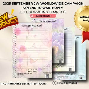 Campaña Mundial de Septiembre 2025 de JW / Fin de la Guerra: ¿Cómo? / Papelería JW: 10 Diseños Florales / Papel Digital para Cartas JW / Inglés