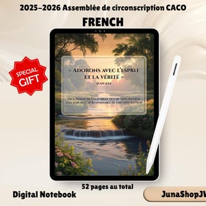 May include: Digital notebook with the text "ADORONS AVEC L'ESPRIT ET LA VÉRITÉ" and "2025-2026 Assemblée de circonscription CACO FRENCH". The notebook has a landscape image of a river and trees. Includes a stylus and a "SPECIAL GIFT" sticker.