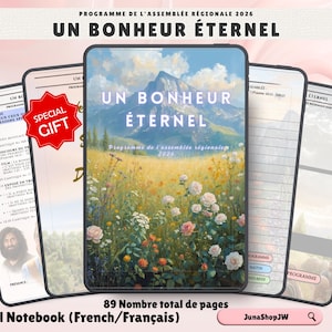 Puede incluir: Cuaderno digital con el texto "UN BONHEUR ÉTERNEL" y una pintura de paisaje de una montaña y flores. El cuaderno está rodeado de otros cuadernos digitales con texto y una pegatina roja "SPECIAL GIFT". También es visible el texto "89 Nombre total de pages".