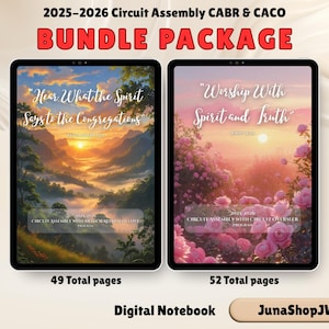 May include: A digital notebook bundle for the 2025-2026 Circuit Assembly. The bundle includes two digital notebooks with landscape art, one with 49 pages and the other with 52 pages. The text includes "Hear What the Spirit Says to the Congregations" and "Worship With Spirit and Truth".