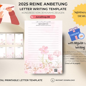 2025 Reine Anbetung Briefvorlage | 4 Schöne Designs | Deutsch English | JW Brief schreiben druckbare Papiervorlage | 2025 JW-Kongreß |