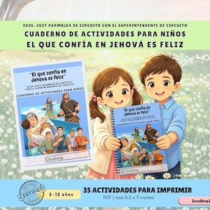Może przedstawiać: Spiralny zeszyt ćwiczeń dla dzieci zatytułowany El que confía en Jehová es feliz, zawierający ilustracje postaci biblijnych. Okładka zawiera tekst 2026-2027 ASAMBLEA DE CIRCUITO CON EL SUPERINTENDENTE DE CIRCUITO oraz miejsce na wpisanie imienia.