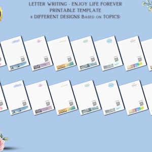 May include: Printable letter writing templates with different designs. Each template features a unique background image and a space for writing a letter. The text on the image reads "Letter Writing - Enjoy Life Forever Printable Template 8 Different Designs Based on Topics!"