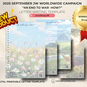 Campaña Mundial de Septiembre 2025 de JW / Fin de la Guerra: ¿Cómo? / Papelería JW: 10 Diseños Paraíso / Papel Digital para Cartas JW / Inglés