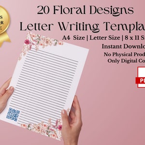 May include: A set of 20 printable floral letter writing templates in PDF format. The templates are designed for A4, Letter, and 8 x 11 inch paper sizes. The image shows a sample template with a floral design and lined writing space.