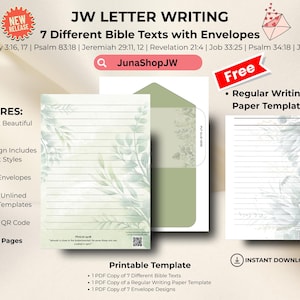 May include: Printable JW Letter Writing template with 7 Bible texts and envelopes. Features include lined and unlined paper, 7 unique envelopes, and a QR code. The design includes 7 beautiful designs with 4 styles each, totaling 56 pages.