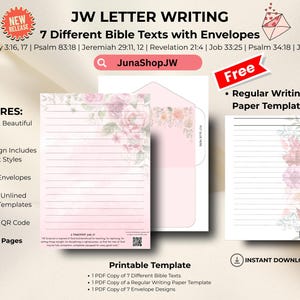 May include: Printable JW Letter Writing template with 7 Bible texts and envelopes. Features include 7 designs, 4 styles each, 7 unique envelopes, lined and unlined templates, a QR code, and a total of 56 pages. The template is available for instant download.