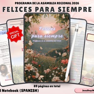 Puede incluir: Cuaderno digital en español con el texto "FELICES PARA SIEMPRE" y "Programa de la asamblea del 2026". La portada presenta un diseño floral con mariposas. Incluye un lápiz óptico y una pegatina "SPECIAL GIFT". El cuaderno tiene 89 páginas.