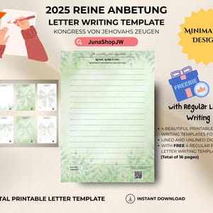2025 Reine Anbetung Briefvorlage | 4 Schöne Designs | Deutsch English | JW Brief schreiben druckbare Papiervorlage | 2025 JW-Kongreß |