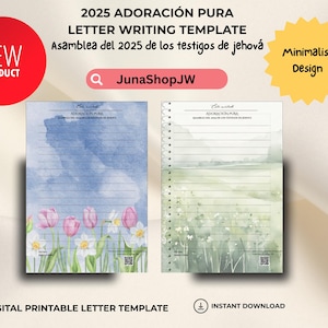 2025 Adoración Pura / Scrittura di lettere JW / 8 disegni / Español / Modello di carta stampabile / 2025 JW Asamblea / Adoracion Pura /