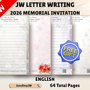 Peut inclure: Ensemble de pages d'invitation lignées pour le Mémorial 2026, avec des motifs floraux et de papillons. Les pages sont intitulées "JW Letter Writing" et "2026 Memorial Invitation". Comprend un badge "Free Gift" et le texte "64 Total Pages".