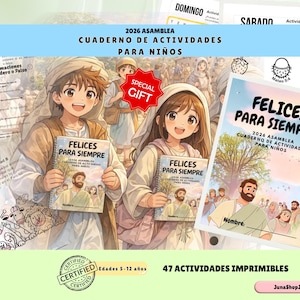 Pode incluir: Imagem colorida com duas crianças de desenho animado segurando livros de atividades intitulados "FELICES PARA SIEMPRE". Os livros são para a Assembleia de 2026 e incluem atividades para crianças. O texto está em espanhol.