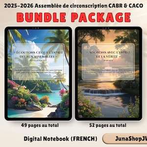 Könnte beinhalten: Paket mit zwei digitalen Notizbüchern. Die Notizbücher zeigen tropische Landschaftskunst und Text auf Französisch. Ein Notizbuch hat 49 Seiten, das andere 52 Seiten. Der Text enthält "2025-2026 Assemblée de circonscription CABR & CACO" und "Digital Notebook (FRENCH)".