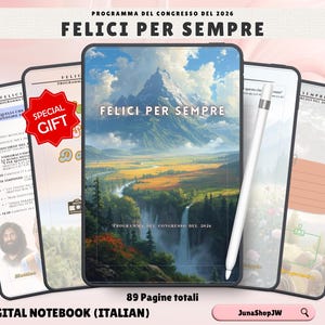 May include: Digital notebook with the text "FELICI PER SEMPRE" and a landscape image of a mountain and river. The notebook has 89 total pages. The words "DIGITAL NOTEBOOK (ITALIAN)" are at the bottom. A "SPECIAL GIFT" sticker is also visible.