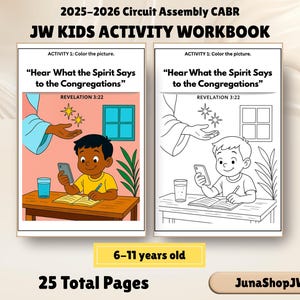 Puede incluir: Un cuaderno de actividades para niños con el título "JW KIDS ACTIVITY WORKBOOK" y el texto "Hear What the Spirit Says to the Congregations". Está diseñado para niños de 6 a 11 años y contiene 25 páginas. La portada muestra una ilustración en color y otra en blanco y negro.