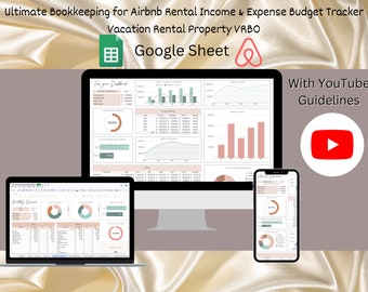 Op de afbeelding: Een computerscherm waarop een Google Sheet-spreadsheet wordt weergegeven met een dashboard van grafieken en diagrammen. De spreadsheet heeft de titel "Voor uw dashboard". De spreadsheet is ontworpen om inkomsten en uitgaven voor een vakantiewoning bij te houden. De afbeelding toont ook een laptop en een smartphone waarop dezelfde spreadsheet wordt weergegeven. De tekst "Ultimate Bookkeeping for Airbnb Rental Income & Expense Budget Tracker Vacation Rental Property VRBO Google Sheet" wordt bovenaan de afbeelding weergegeven. De tekst "With YouTube Guidelines" wordt rechtsboven in de afbeelding weergegeven. Een rode YouTube-afspeelknop wordt onder de tekst weergegeven.
