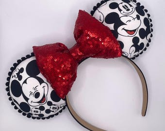 CLASSIC MICKEY Mouse Ears - Faces of Mickey - Size: Adult /Disneyland Mickey Mouse Ears - Customizable Bow Color